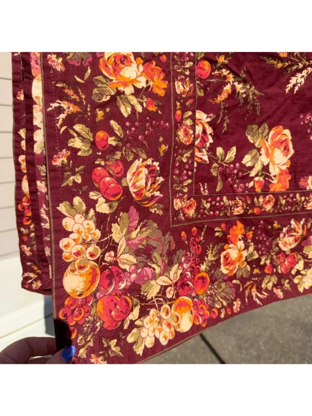 Vintage April Cornell Bountiful Harvest Tablecloth 53x53 Cotton Square Burgundy